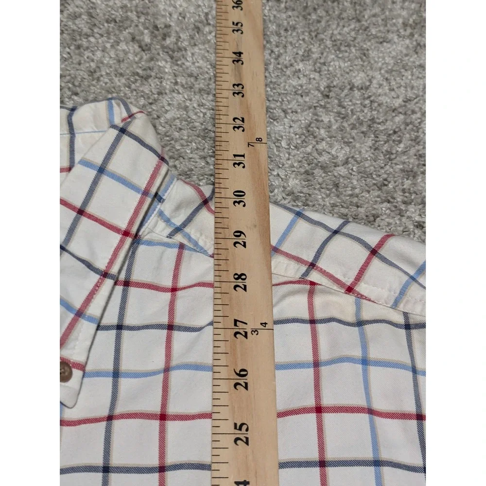 Eddie‎ Bauer Button Down Mens L White Red Blue Tattersall Plaid Cotton Shirt Top